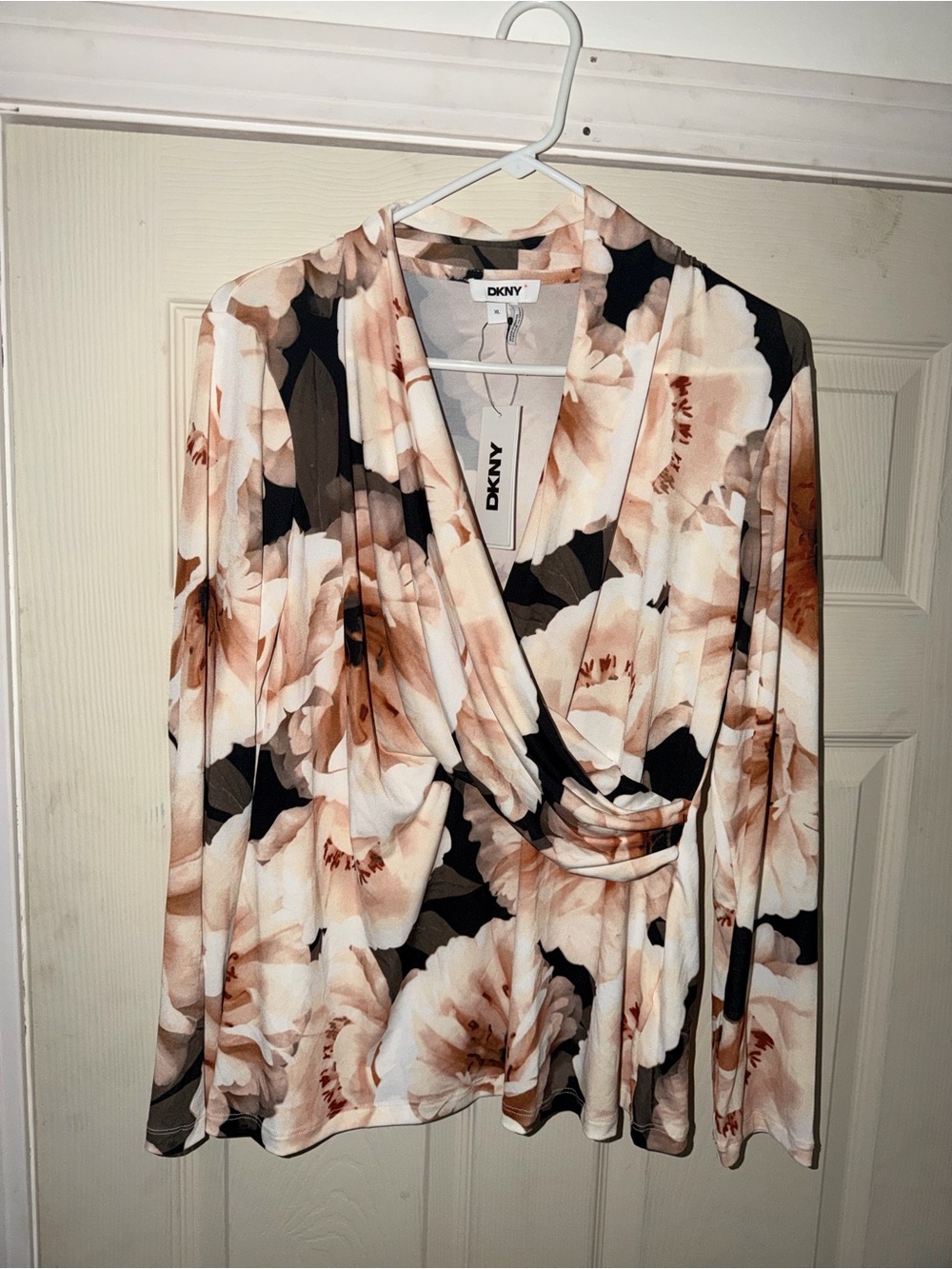Dkny Cream, Black & Brown Floral Wrap Blouse